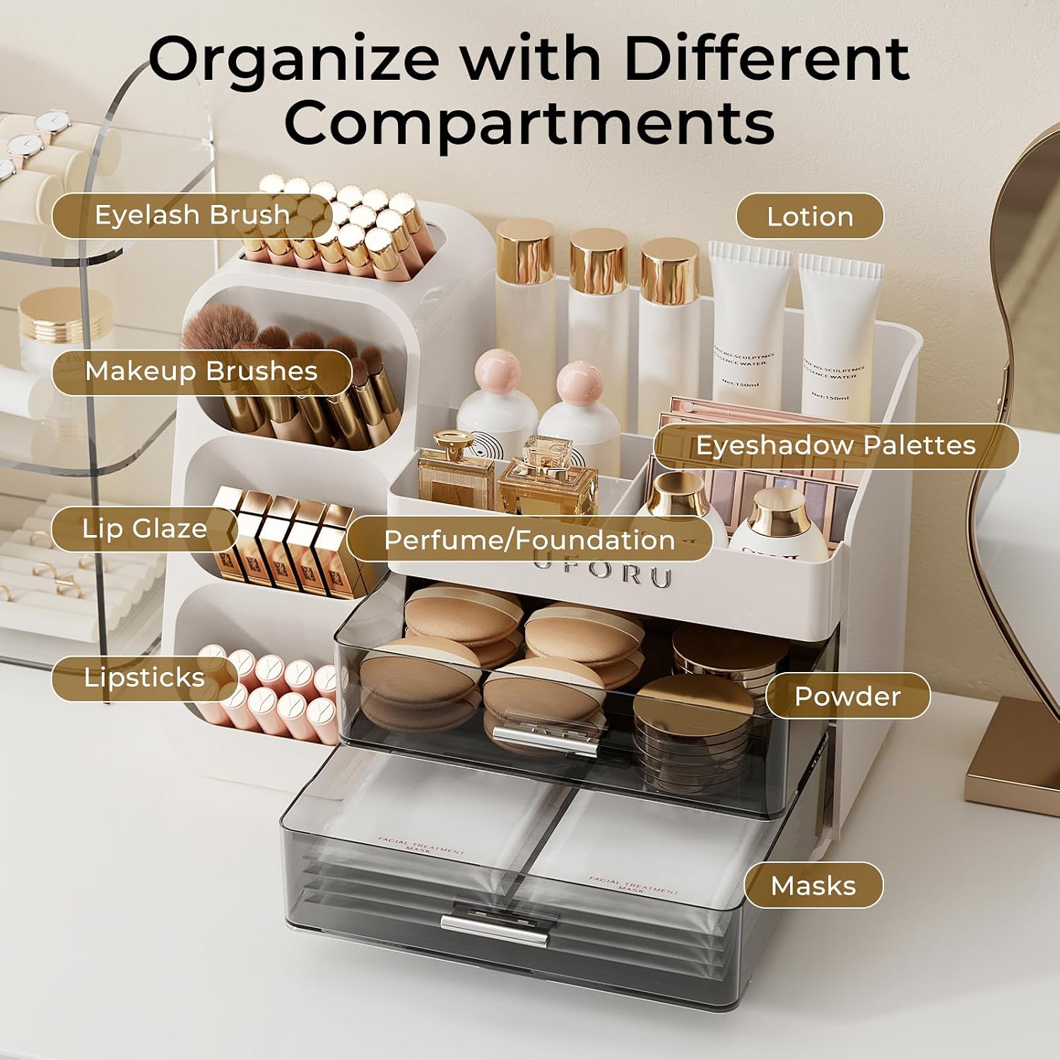 UFORU Makeup Organizer Countertop with Brush Holder for Vanity Bathroom