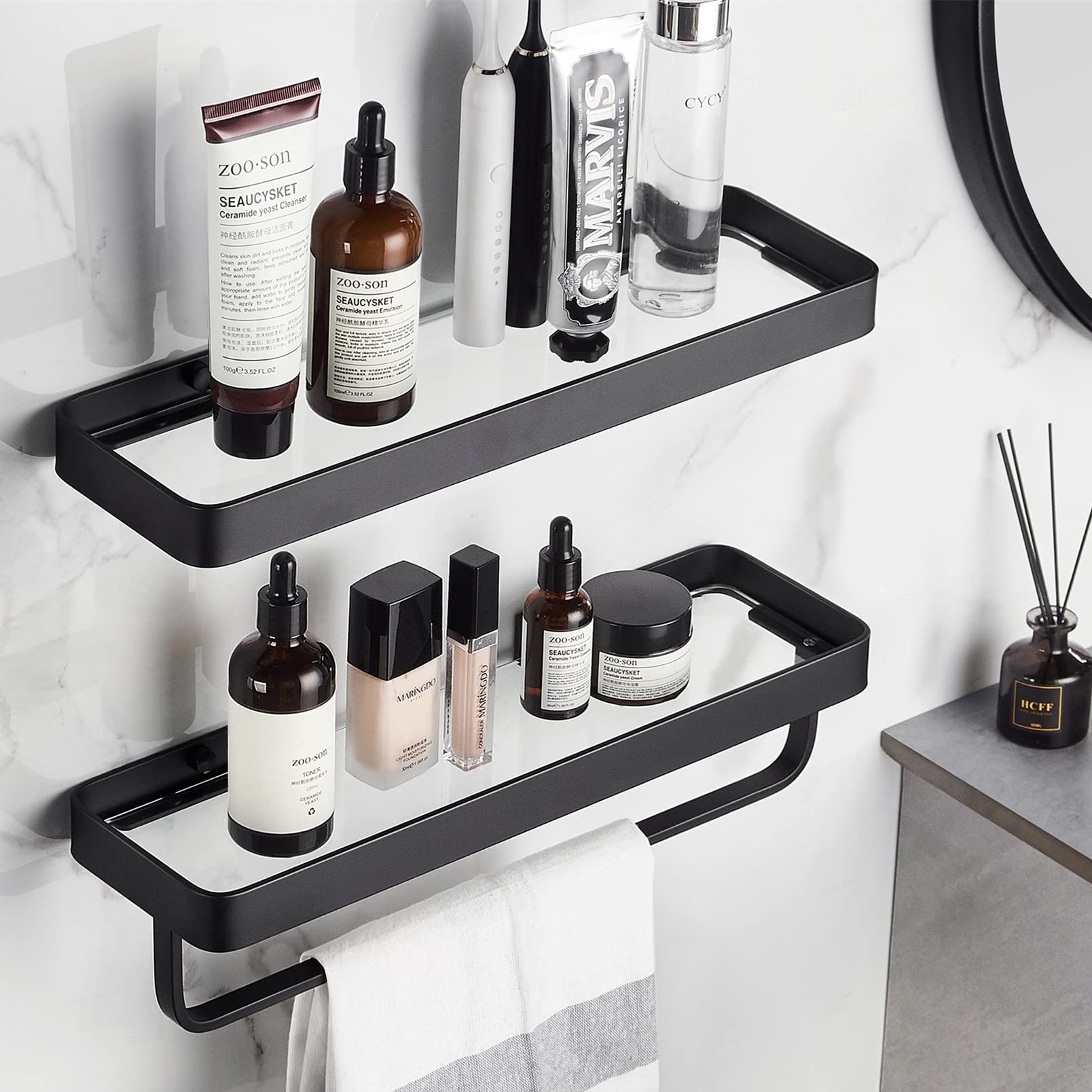 VOLPONE Stainless Steel Wall Mounted Bathroom Shelves - 2-Tier Floating Shelf with Removable Hooks (Brushed Nickel)