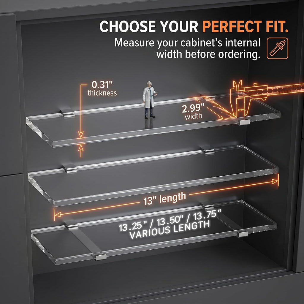 KOSHA 4 Pcs 13.25 Inch Acrylic Medicine Cabinet Shelves Replacement, High Clarity Clear Cabinet Shelf Organizer, 0.31" Thick Shatterproof Bathroom Wall Shelf Insert, Glass Shelf Alternative