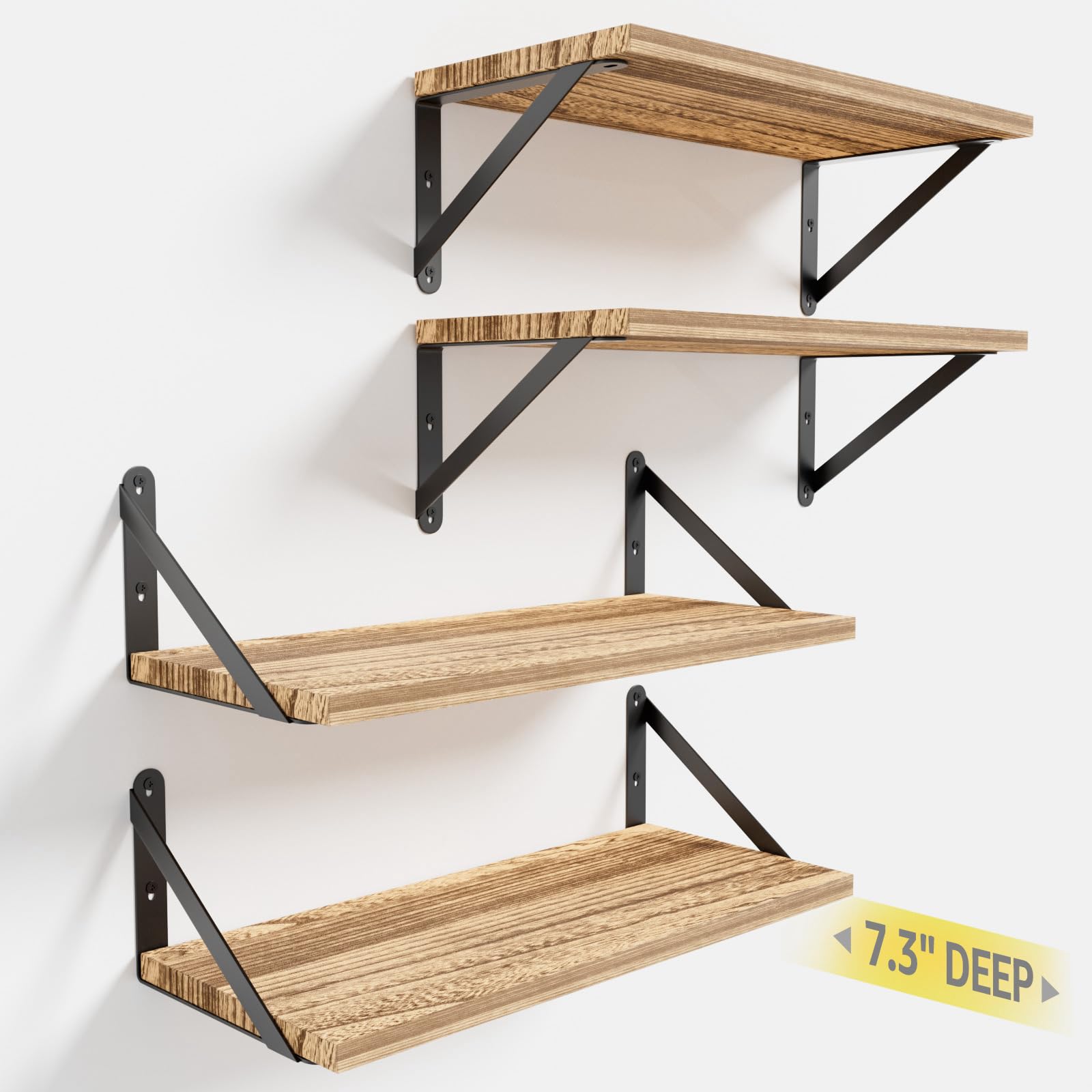 COCOYA Wall Shelves 7.3" Deep Solid Paulownia Wood (Black, Set of 2)