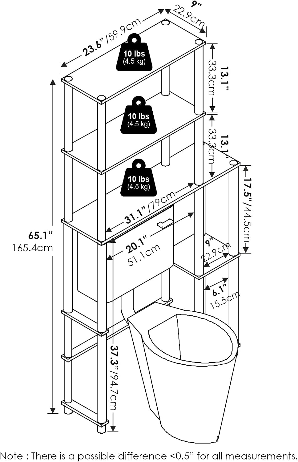 Furinno Turn-N-Tube Over The Toilet Storage, 5-Shelf Over The Toilet Organizer, Freestanding Space Saver Bathroom Shelf, for Bathroom Organizers and Storage, Plain White