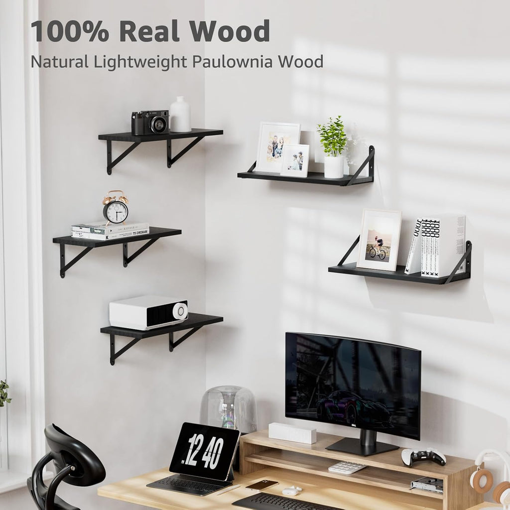 COCOYA Wall Shelves 7.3" Deep Solid Paulownia Wood (Black, Set of 2)