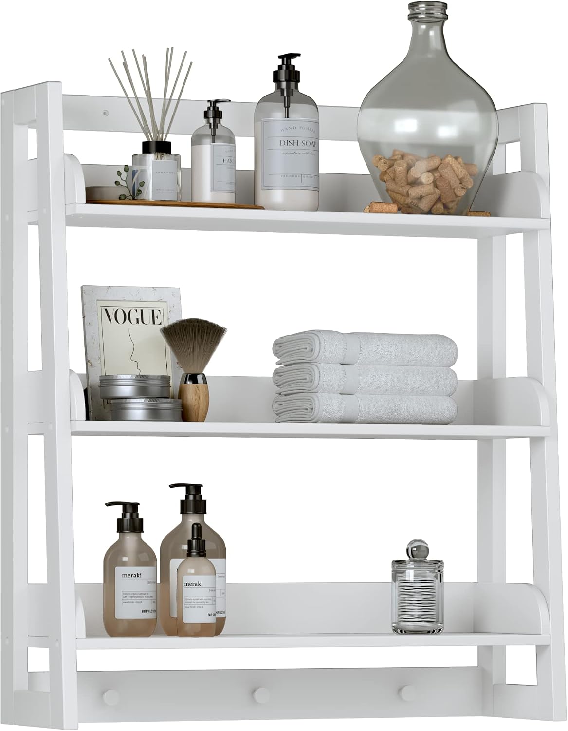 UTEX Bathroom Wall Shelf, 3-Tier Wall-Mounted Organizer with Hooks, White