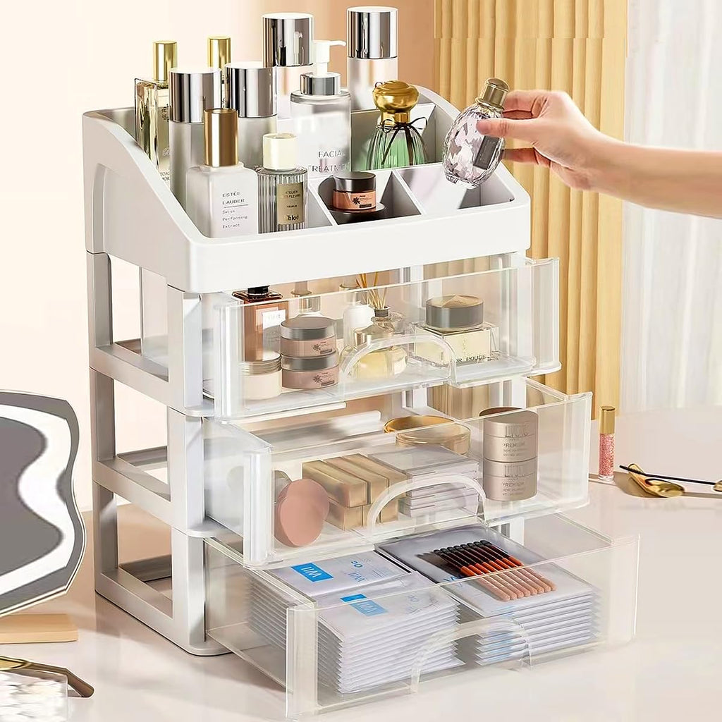 Makeup Organizer with 3 Drawers, Cosmetic Display Cases, Makeup Storage Box (3 Drawers) (white)