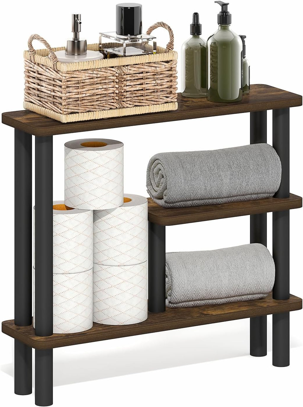 Furinno Turn-N-Tube Bathroom Storage Shelf, 3-Tier Toolless Narrow Storage Rack, 5.7" Wide Space Saving Shelf, for Bathroom, Living Room, Entryway, Amber Pine