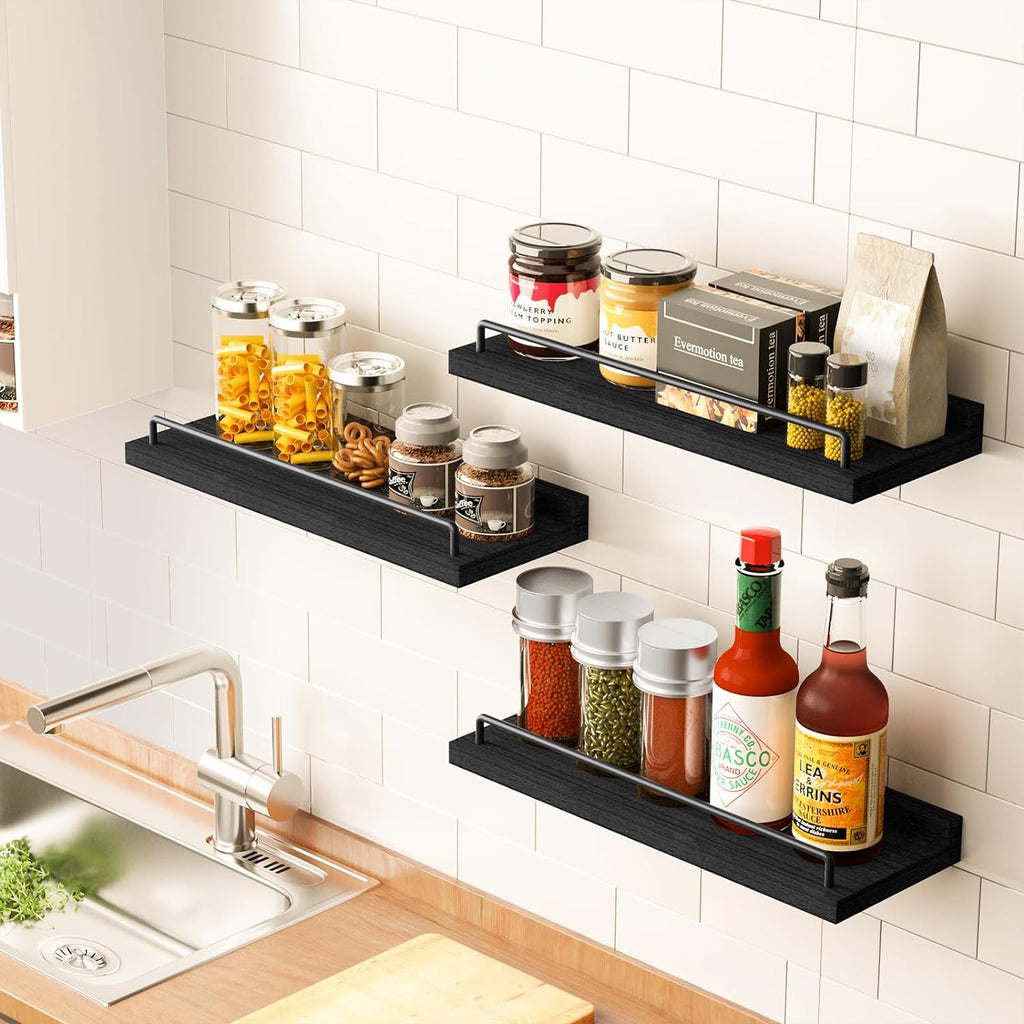 RYOFOBETTO Floating Shelves for Wall Decor Bathroom Shelves Over Toilet, Farmhouse Wall Shelves for Living Room, Bedroom, Picture Frames, Plants, Kitchen (Black, Set of 3)