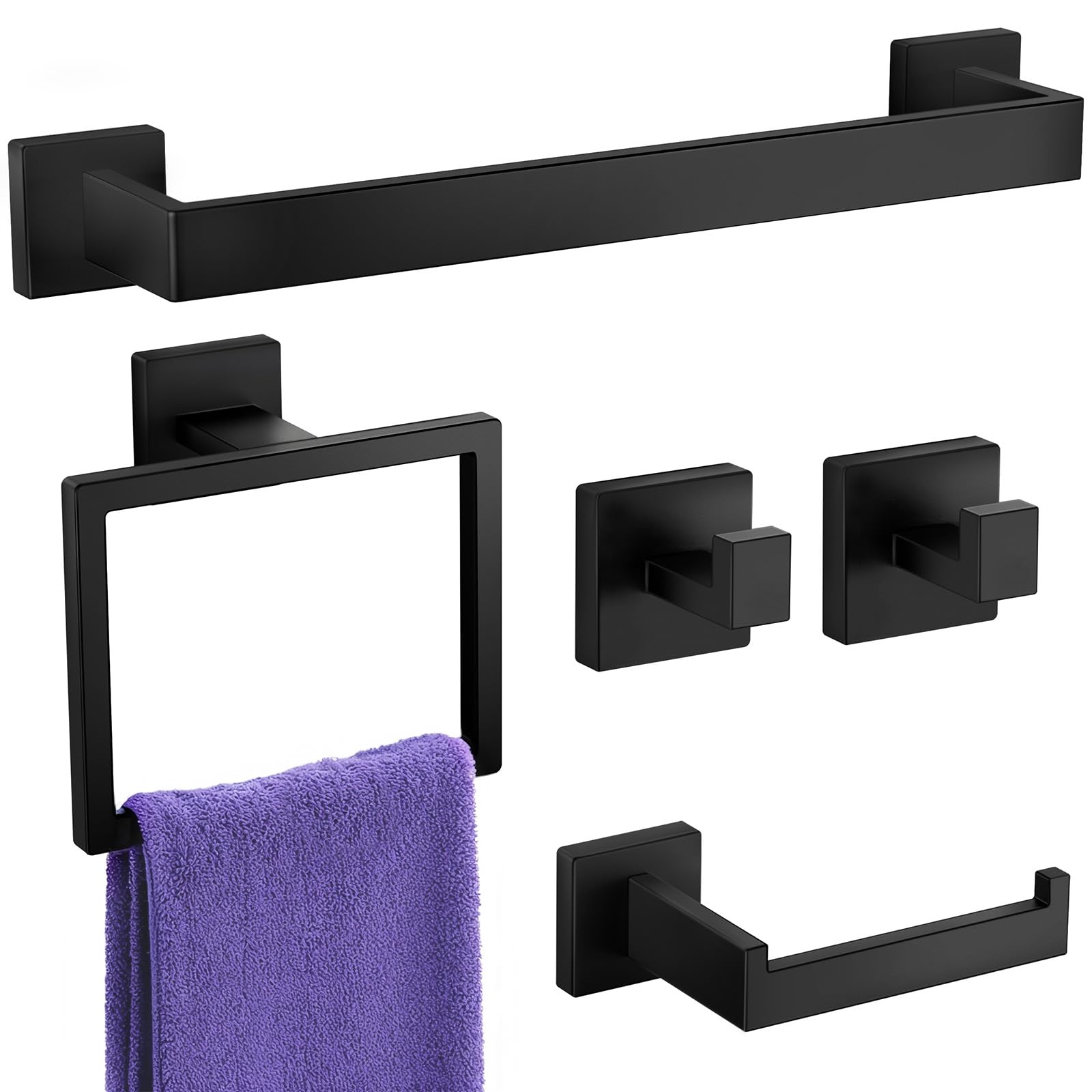Bathroom Hardware Accessories Set: Bath Towel Bar Set, Towel Racks for Bathroom Wall Mounted, SUS304 Stainless Steel (Matte Black, 12-Pieces)