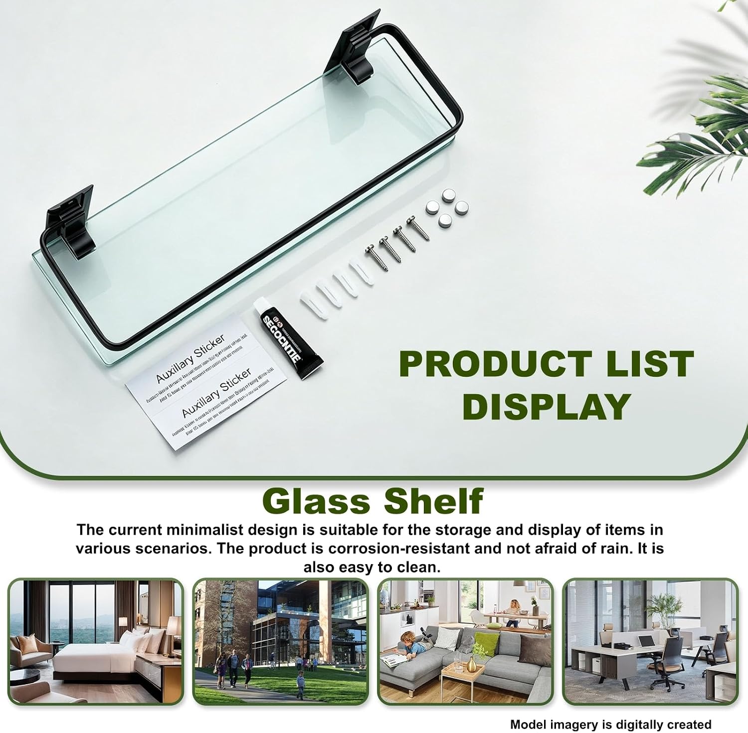Bathroom Glass Shelf 15.7" Black Wall-Mounted, Floating Metal Storage Rack