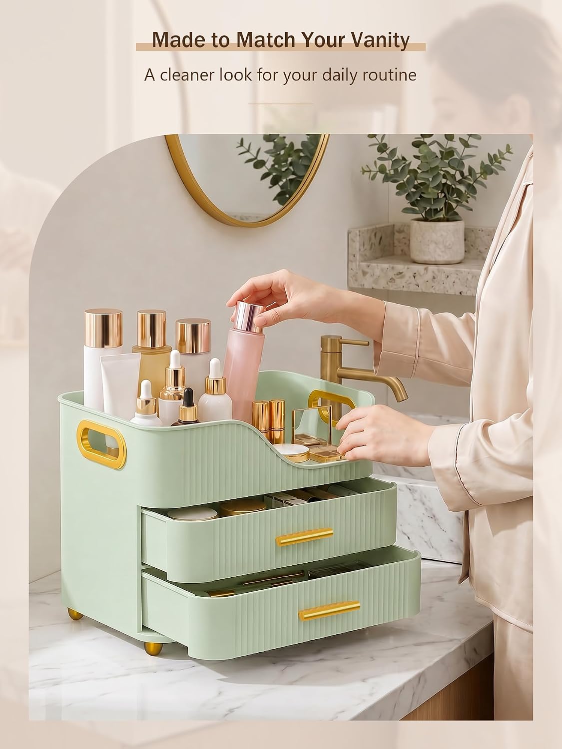 Booklov Large Makeup Organizer for Vanity, Bathroom Countertop, Green