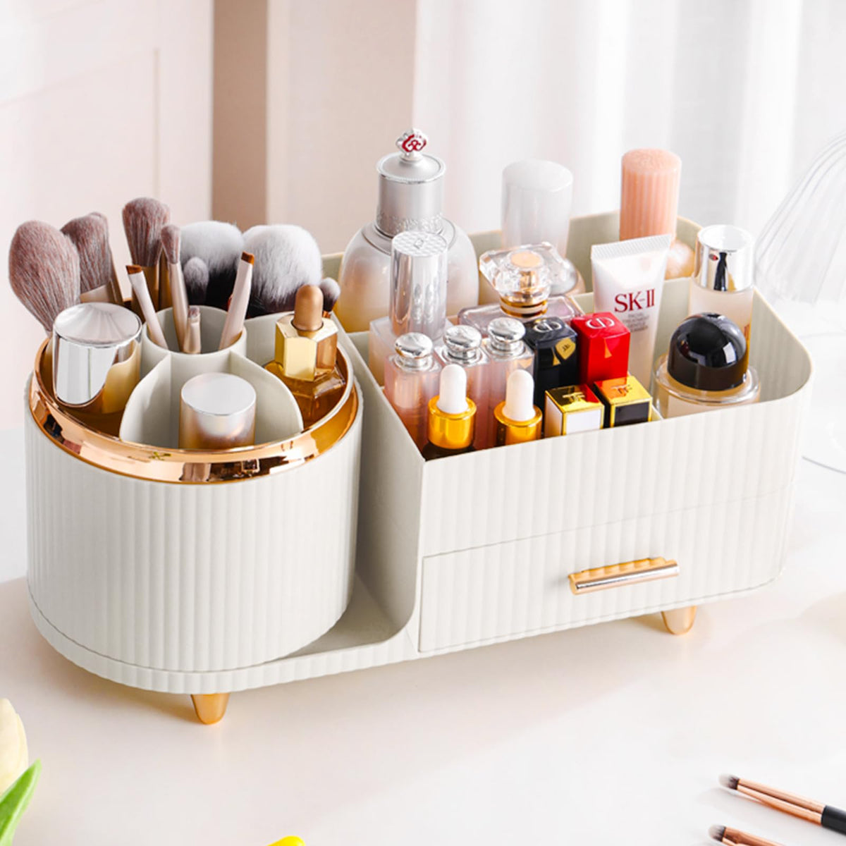 Rotating Makeup Organizer for Vanity with Brush Holder and Drawer, Cosmetic Makeup Storage, Large Spinning Makeup Skincare Organizer, Countertop Makeup Perfume Organizer, Lotions Display Case (Green)