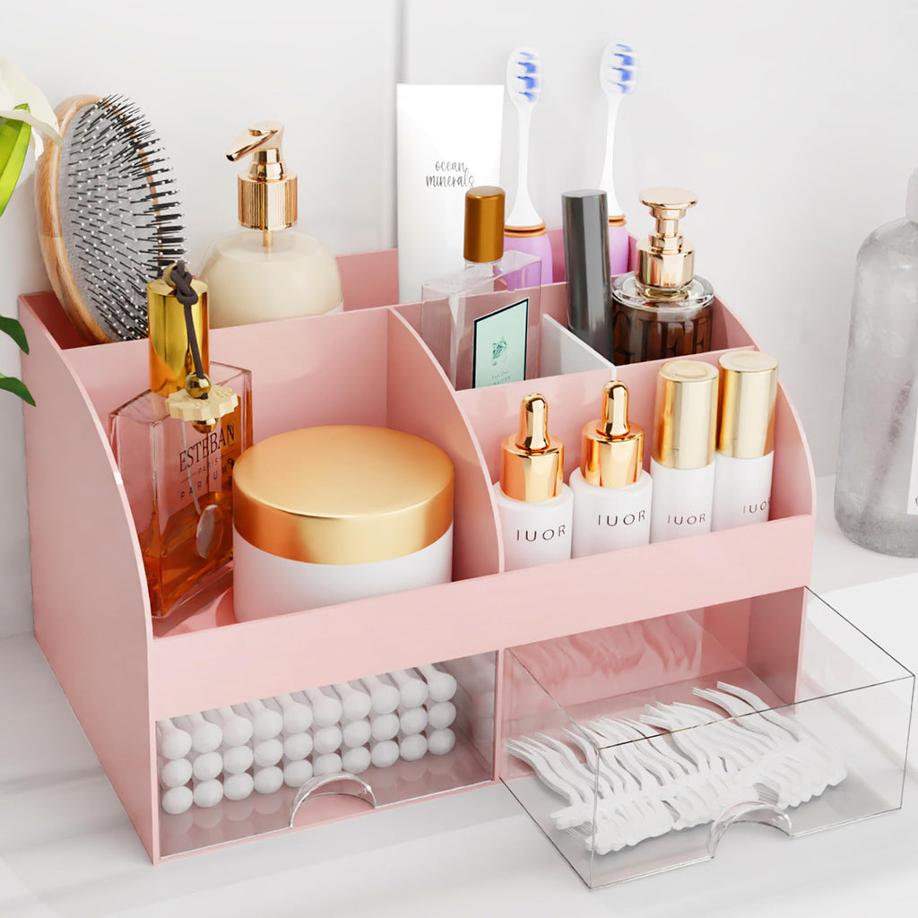 Makeup Organizer with Drawers, Cosmetic Storage for Dresser Vanity and Bathroom Countertop, Beauty Holder for Lipstick Brush, Skincare Organizer for Vanity, Cosmetic Display Case (Black-2Pack)