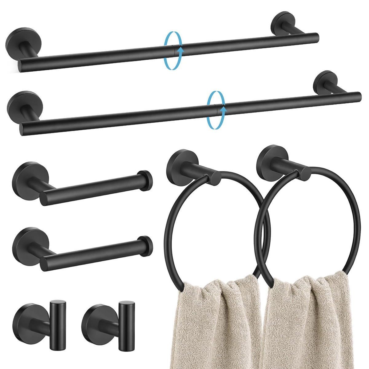TURS Brushed Gold 5 Piece Bathroom Hardware Set, SUS304 Stainless Steel 24 Inch Bath Towel Bar Set, Round Bathroom Accessories Kit Wall Mounted