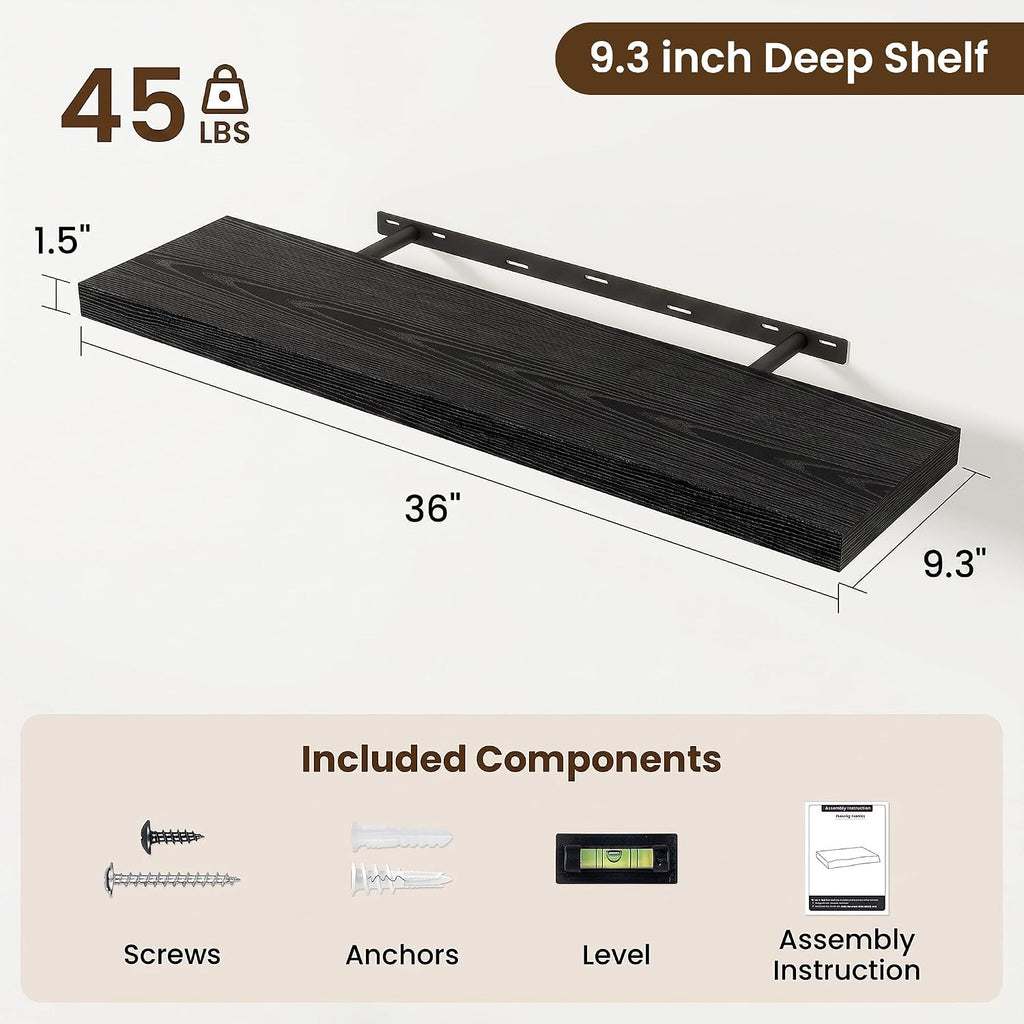 36in Floating Shelves for wall Set of 2, Black Wall Mounted Shelf 9.3in Deep for Wall Decor, Hanging Shelf 1.5in Thick for Living Room, Bedroom, Bathroom, Kitchen, Office