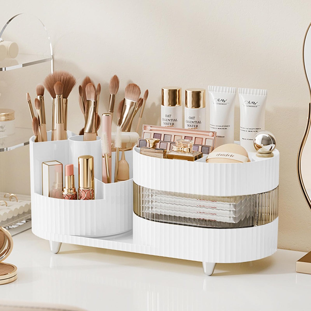 Rotating Makeup Organizer for Vanity with Brush Holder and Drawer, Cosmetic Makeup Storage, Large Spinning Makeup Skincare Organizer, Countertop Makeup Perfume Organizer, Lotions Display Case (Green)