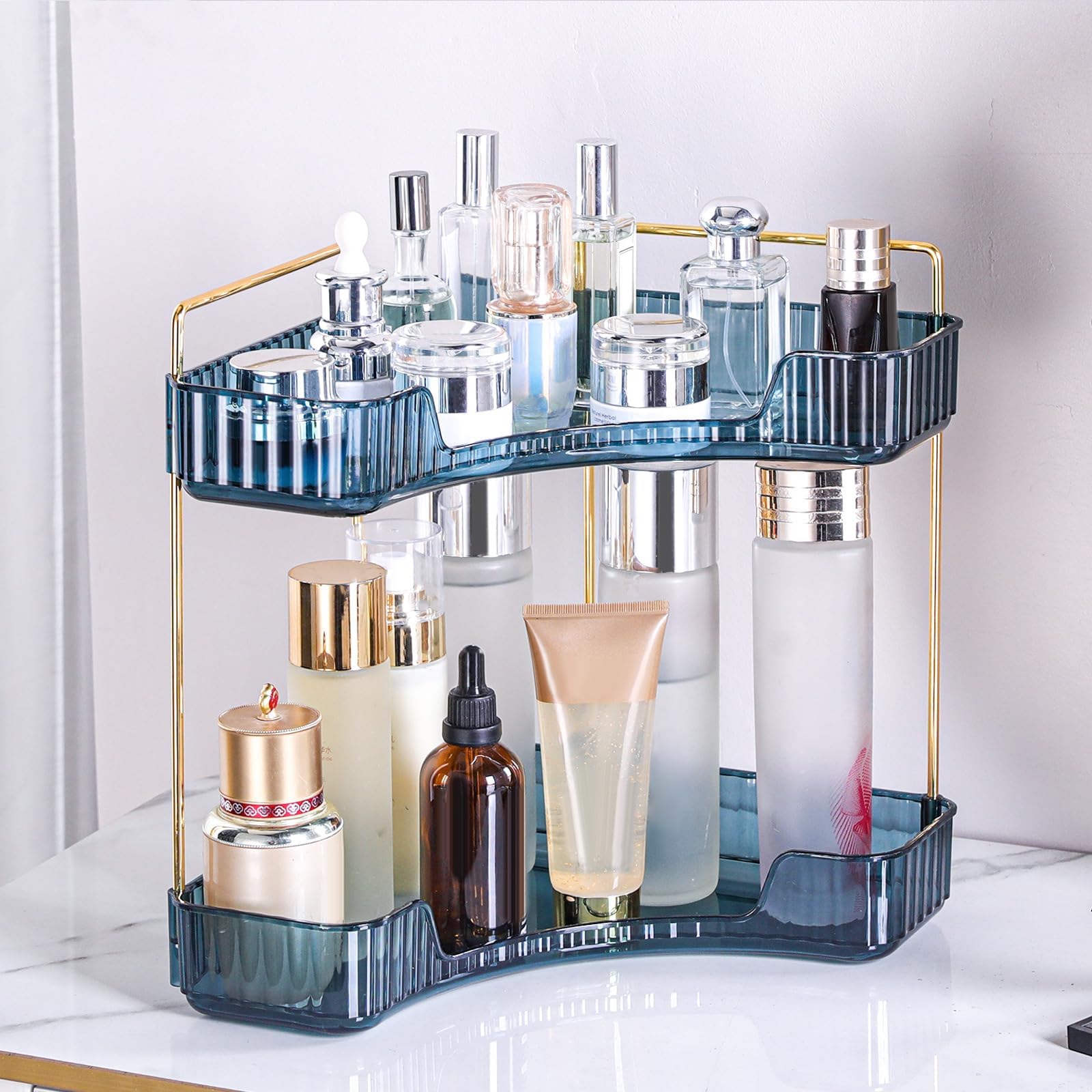 Corner Bathroom Counter Organizer Bathroom Countertop Shelf Makeup Organizer for Vanity Perfume Tray for Corner Storage (2 Tiers, Blue)