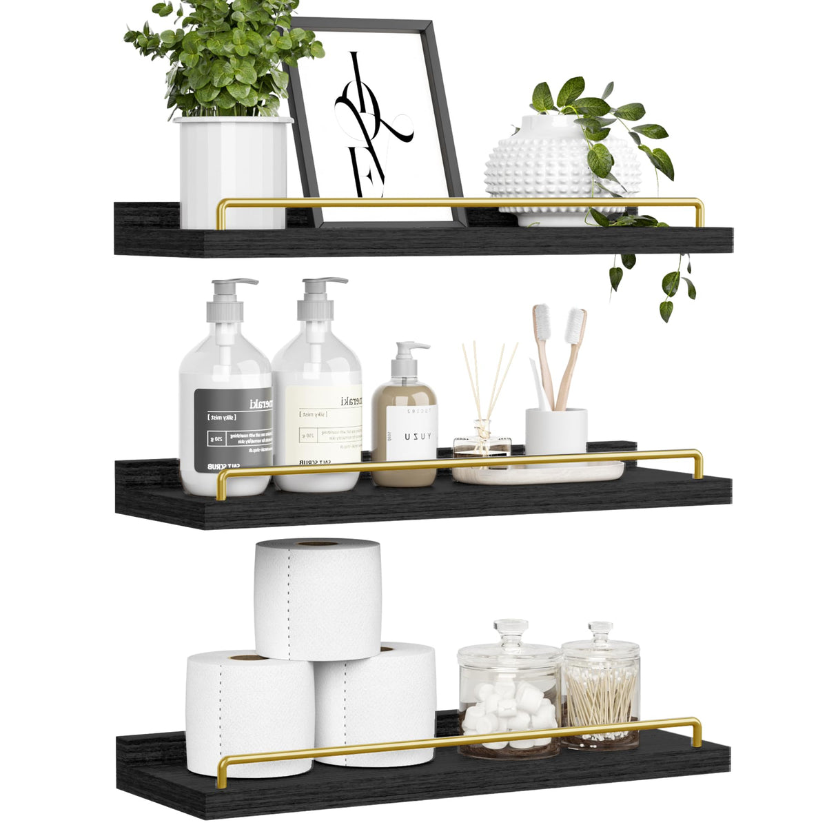 RYOFOBETTO Floating Shelves for Wall Decor Bathroom Shelves Over Toilet, Farmhouse Wall Shelves for Living Room, Bedroom, Picture Frames, Plants, Kitchen (Black, Set of 3)