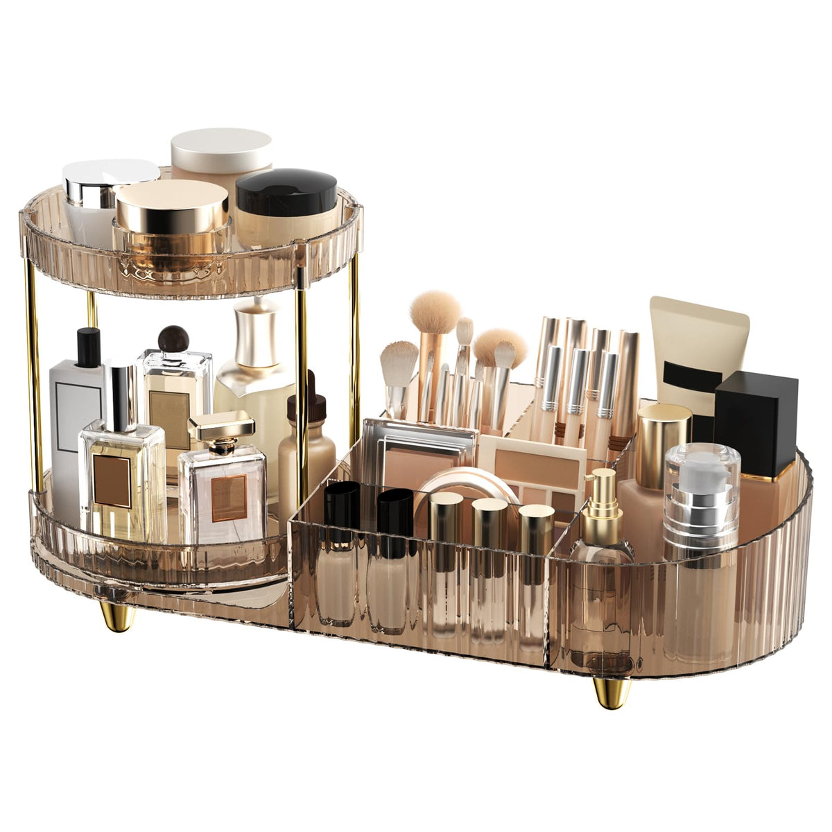 Makeup Organizer Countertop for Vanity, Rotating Perfume Tray with 5-compartment Cosmetic and Skincare Organizers, Multi-Purpose Desk Storage Makeup Brush Holder for Bathroom Bedroom Counter