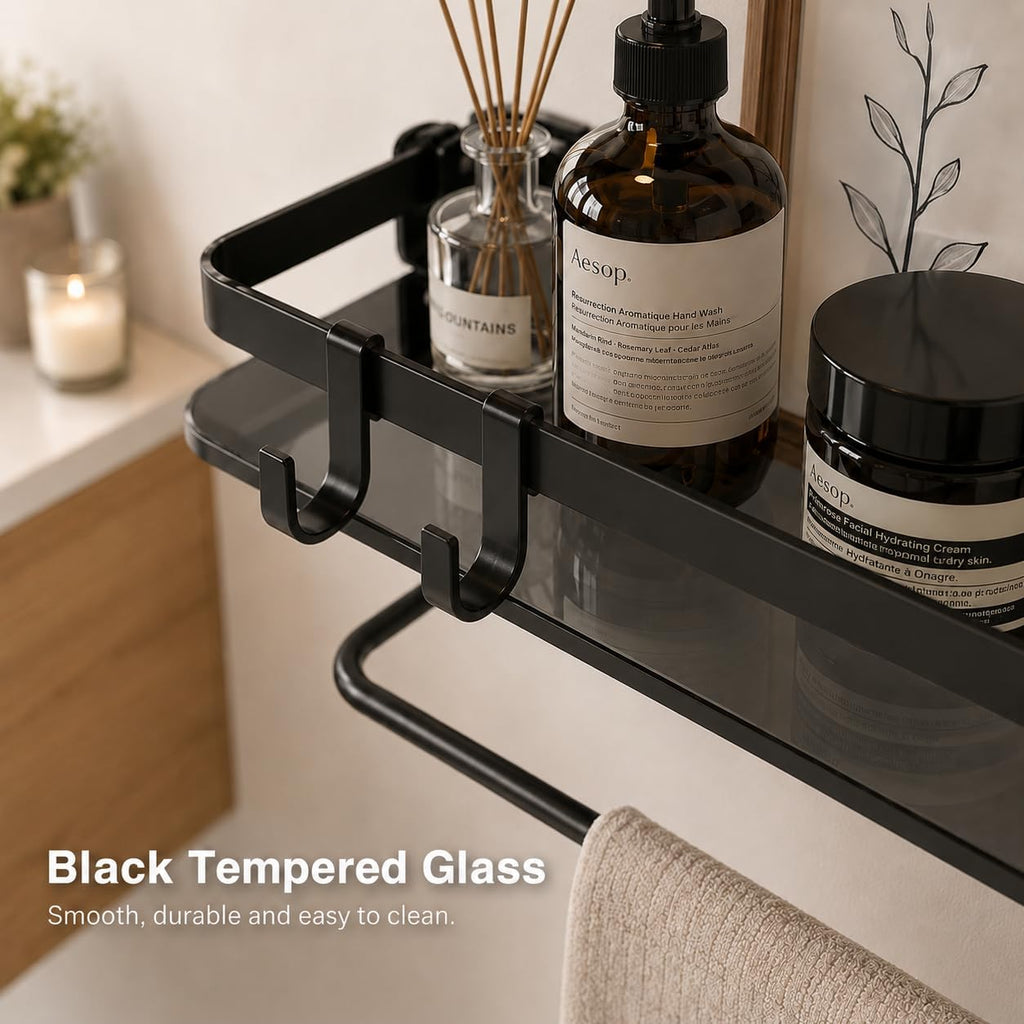 VOLPONE Glass Shelf for Bathroom 15.7 in Black Bathroom Shelves Wall Mounted Tempered Glass Shelving with 4 Removable Hooks (2 Tier)