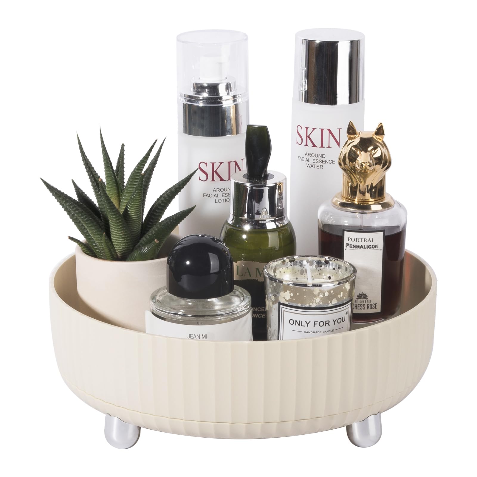 360 Rotating Makeup Perfume Organizer Skincare Tray, Small Ivory White