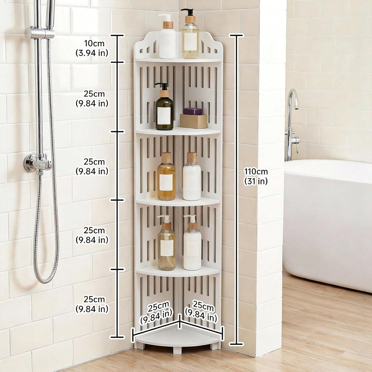 5 Tier Corner Storage Shelf, 43.3 Inch Waterproof PVC Freestanding Organizer with Slotted Panels, Scandinavian Style Triangle Display Rack for Bathroom, Kitchen and Living Room