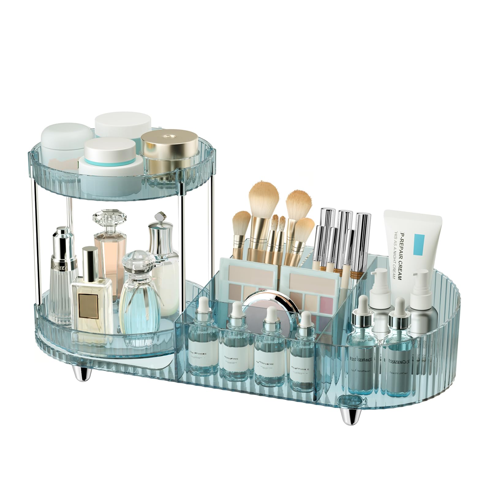Makeup Organizer Countertop for Vanity, Rotating Perfume Tray with 5-compartment Cosmetic and Skincare Organizers, Multi-Purpose Desk Storage Makeup Brush Holder for Bathroom Bedroom Counter