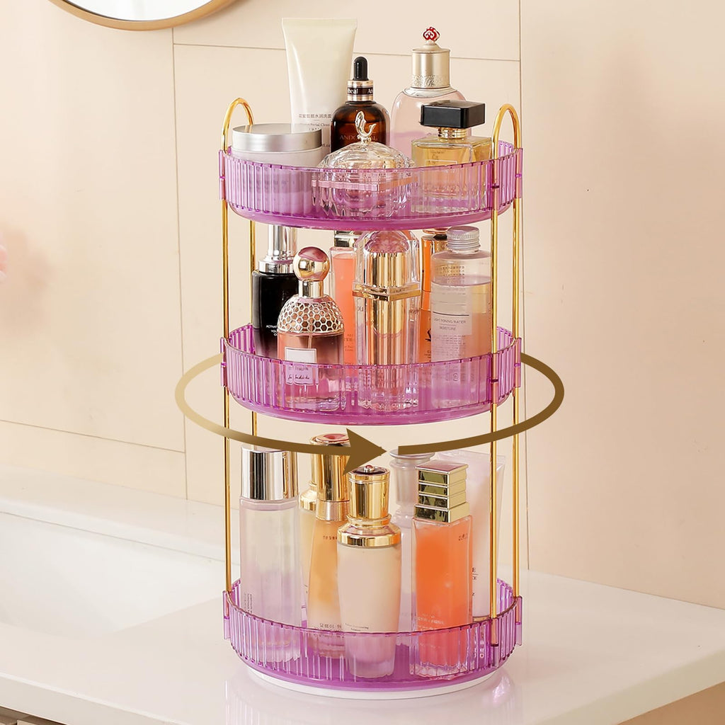 Aveniee 3-Tier 360° Rotating Makeup Organizer, Clear Spinning Perfume Cosmetic Storage for Vanity Countertop, Sturdy Metal Pole Skincare Holder Stand for Bathroom Dresser, White