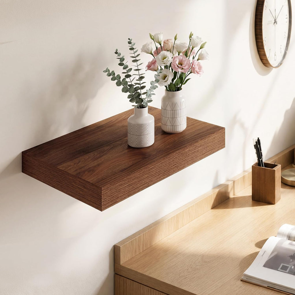 Deep Floating Shelves for Wall, 12 Inch Wide Small Wall Shelves Set of 2, 2 Inch Thick Invisible Wall Mounted Shelves for Bathroom Bedroom Nursery,Walnut Color