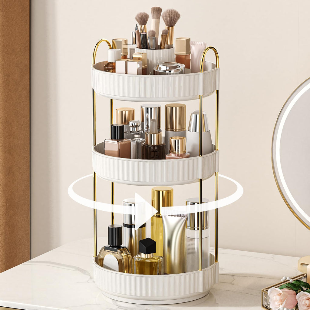 360° Rotating Makeup Organizer, Upgraded 3 Tier Skincare Perfume Organizers for Women, Bathroom Organizer Countertop, Clear Cosmetic Dresser Organizer with Makeup Brush Holder, Sink&Counter(Amber)