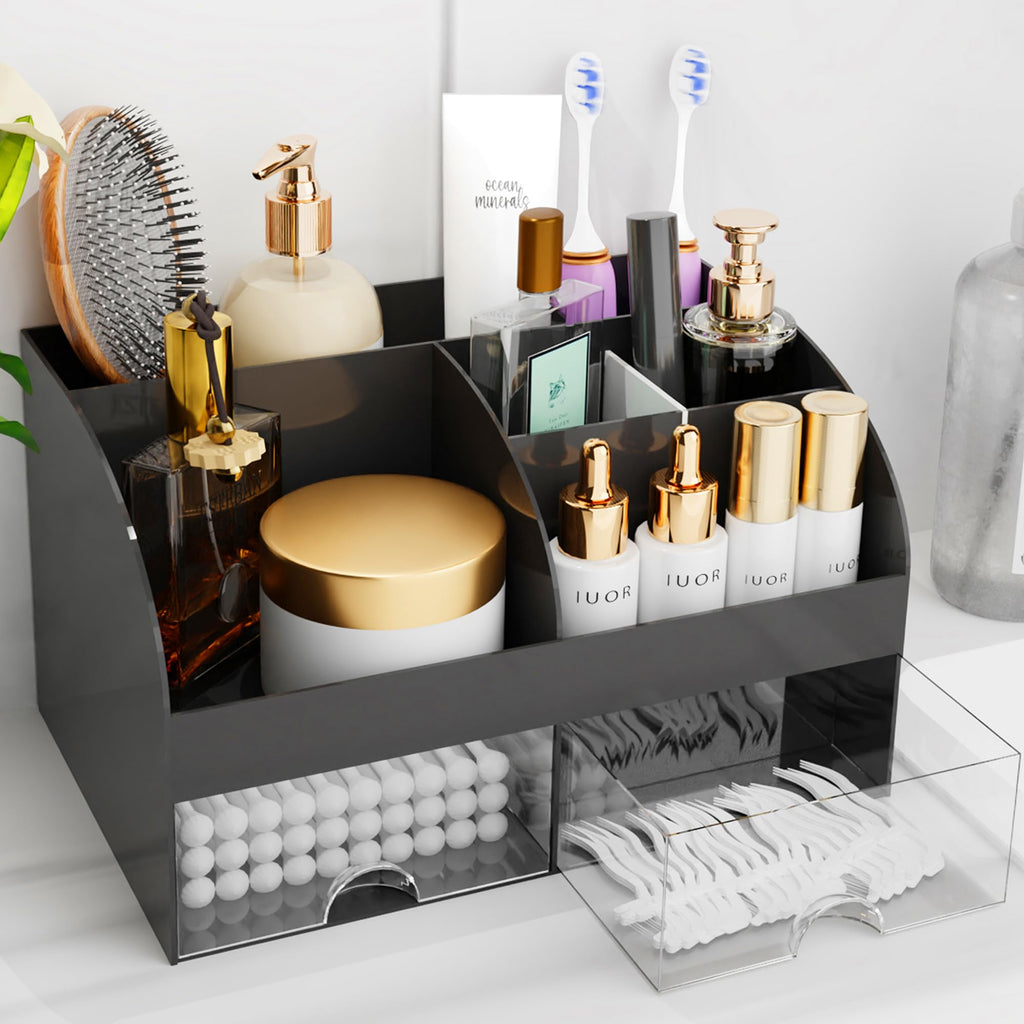 Makeup Organizer with Drawers, Cosmetic Storage for Dresser Vanity and Bathroom Countertop, Beauty Holder for Lipstick Brush, Skincare Organizer for Vanity, Cosmetic Display Case (Black-2Pack)