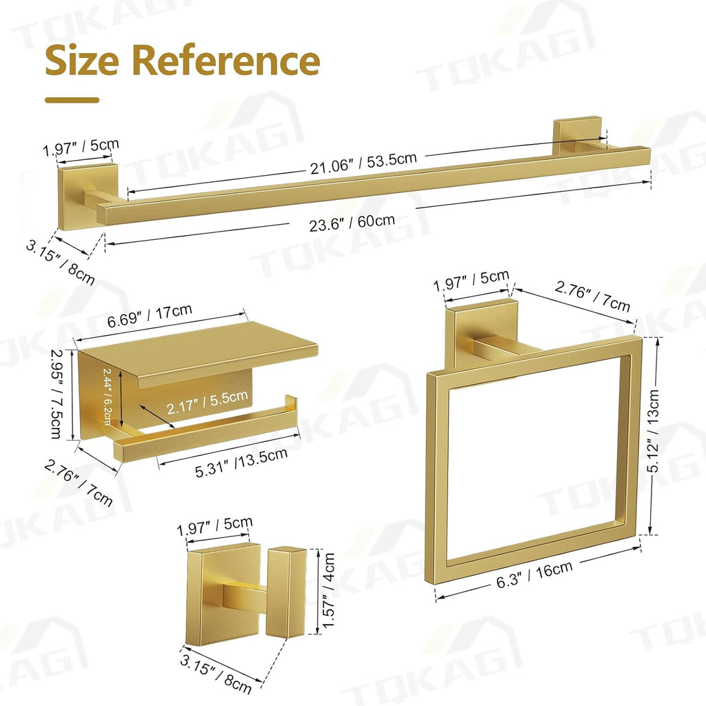 TQKAG 5-Pieces Brushed Gold Bathroom Hardware Accessories Set 23.6" SUS304 Stainless Steel Towel Bar Set Wall Mounted Square Toilet Paper Holder with Shelf
