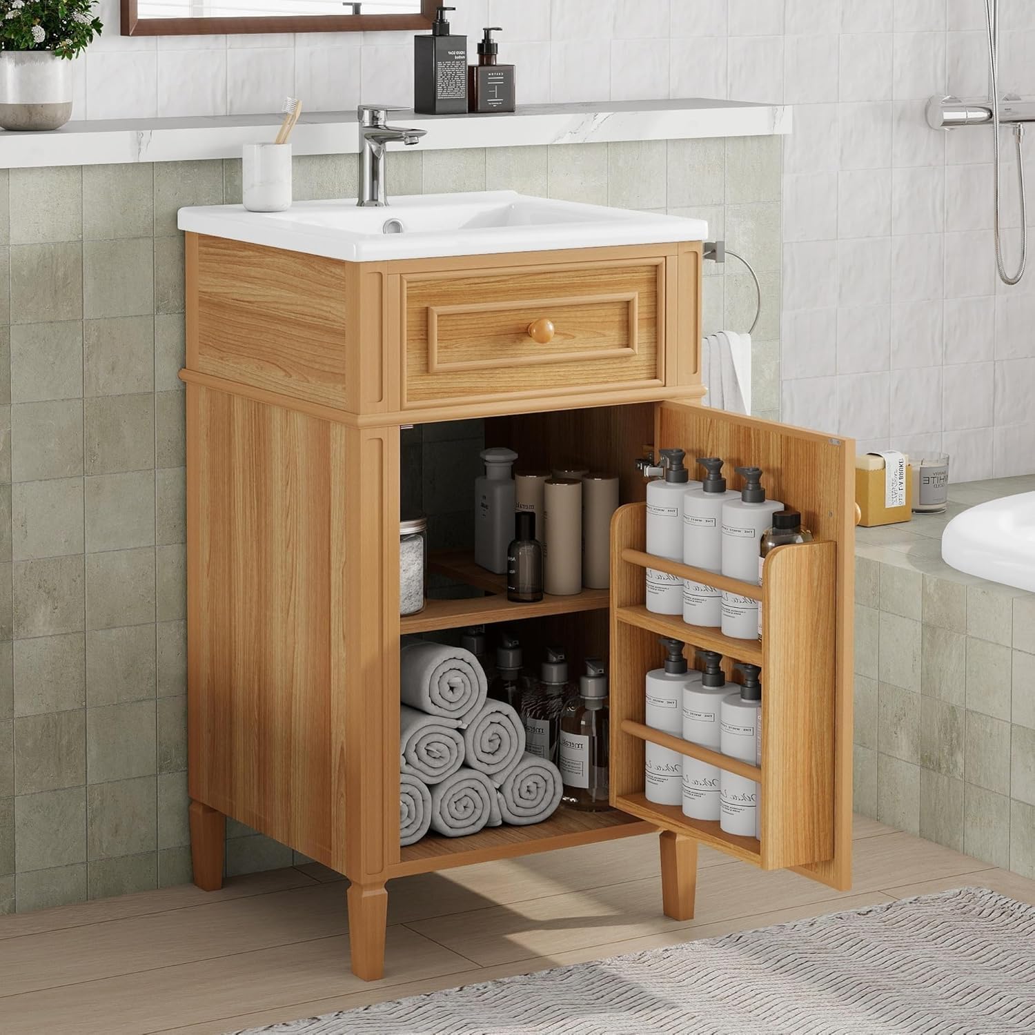 Virubi 20 in Small Bathroom Vanity with Sink, Soft Closing Door,Tilt-Out Drawer and Adjustable Shelf,Solid Wood Frame Modern Single Bathroom Sink Cabinet with Storage, Freestanding, Natural Wood
