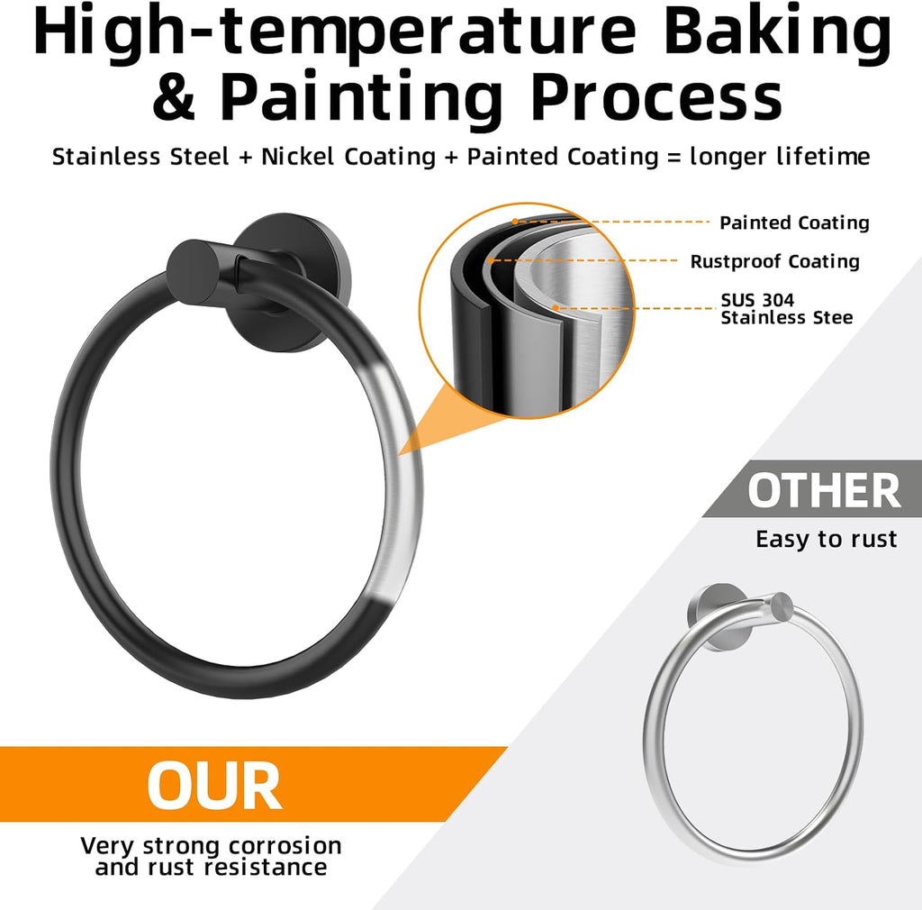 Matte Black Towel Ring 2Pack, SUS304 Stainless Steel Hand Towel Holder for Bathroom Kitchen, Modern Style Towel Hanger, Thicken Ring Towel Holder, Towel Rack Round Wall Mounted (2, Black)