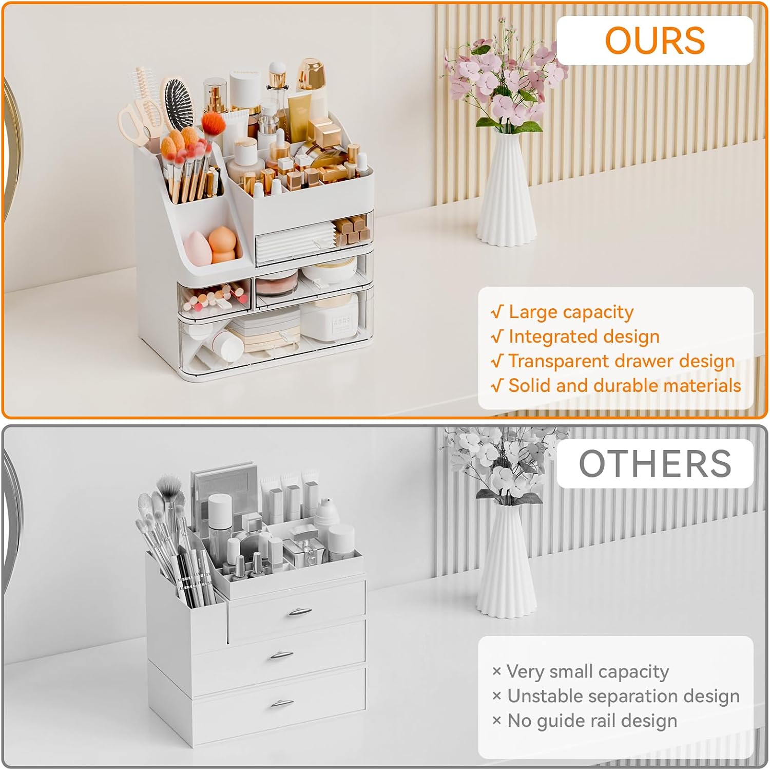 Yieach White Makeup Organizer Countertop With 4 Drawers,Large Cosmetics Storage Organizer for Brush,Hair Products,Plastic Makeup Holders and Beauty Skincare Organizers for Bathroom,Vanity,Dresser Top