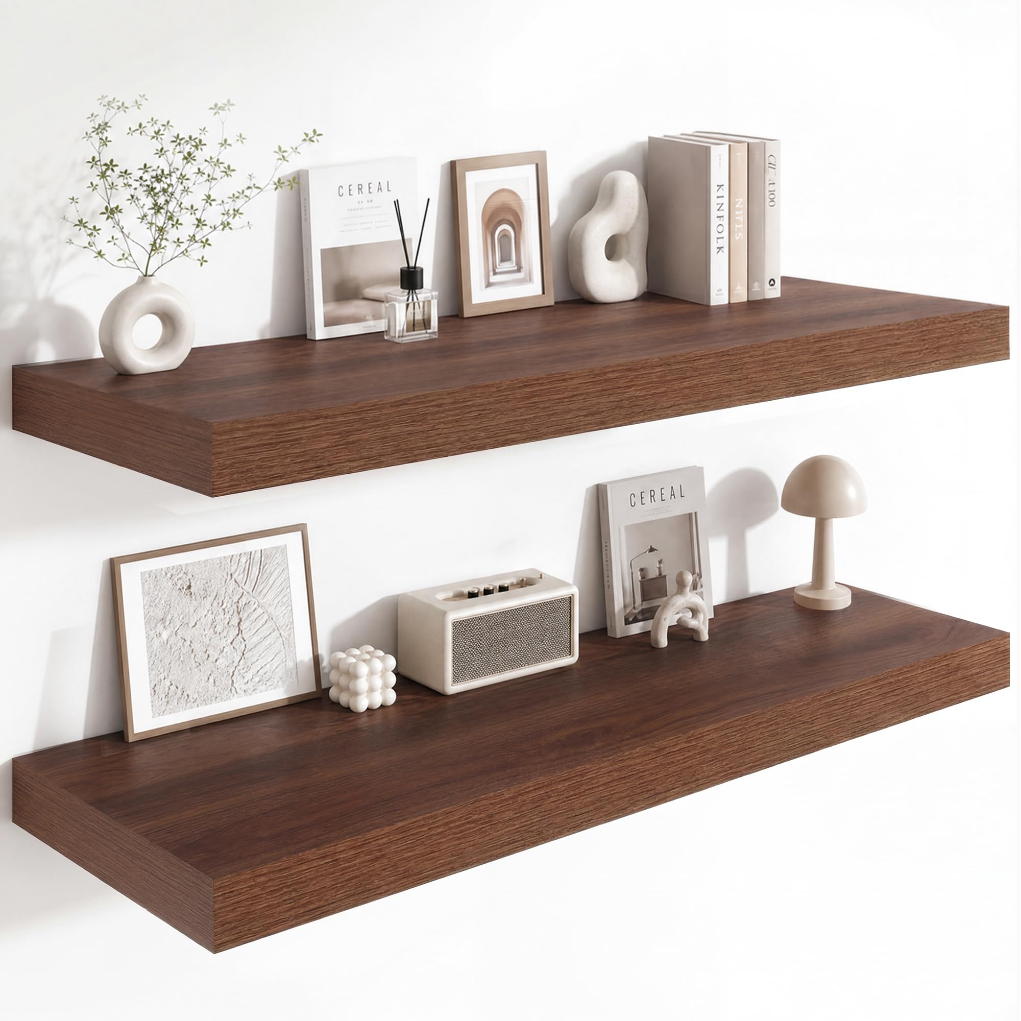 Deep Floating Shelves for Wall, 12 Inch Wide Small Wall Shelves Set of 2, 2 Inch Thick Invisible Wall Mounted Shelves for Bathroom Bedroom Nursery,Walnut Color