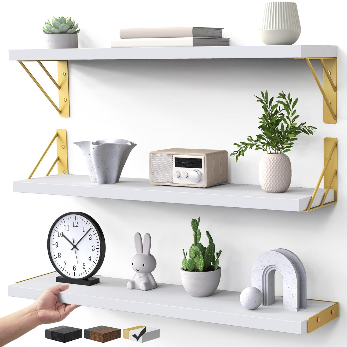 BAYKA Wall Mounted Floating Shelves, Wood Floating Wall Shelf for Books & Decor, Small Space-Saving Display & Organizer（Black，Set of 4）