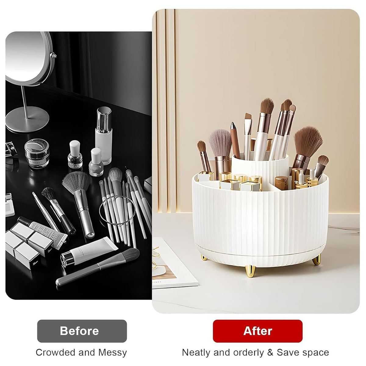 Diesisa Makeup Brush Holder Organizer,360° Rotating Makeup Brush Organizer,5 Slot Make up Brushes Cup for Cosmetics, Nail Polish, Art Supply, Bathroom Vanity Desktop Organizer - White