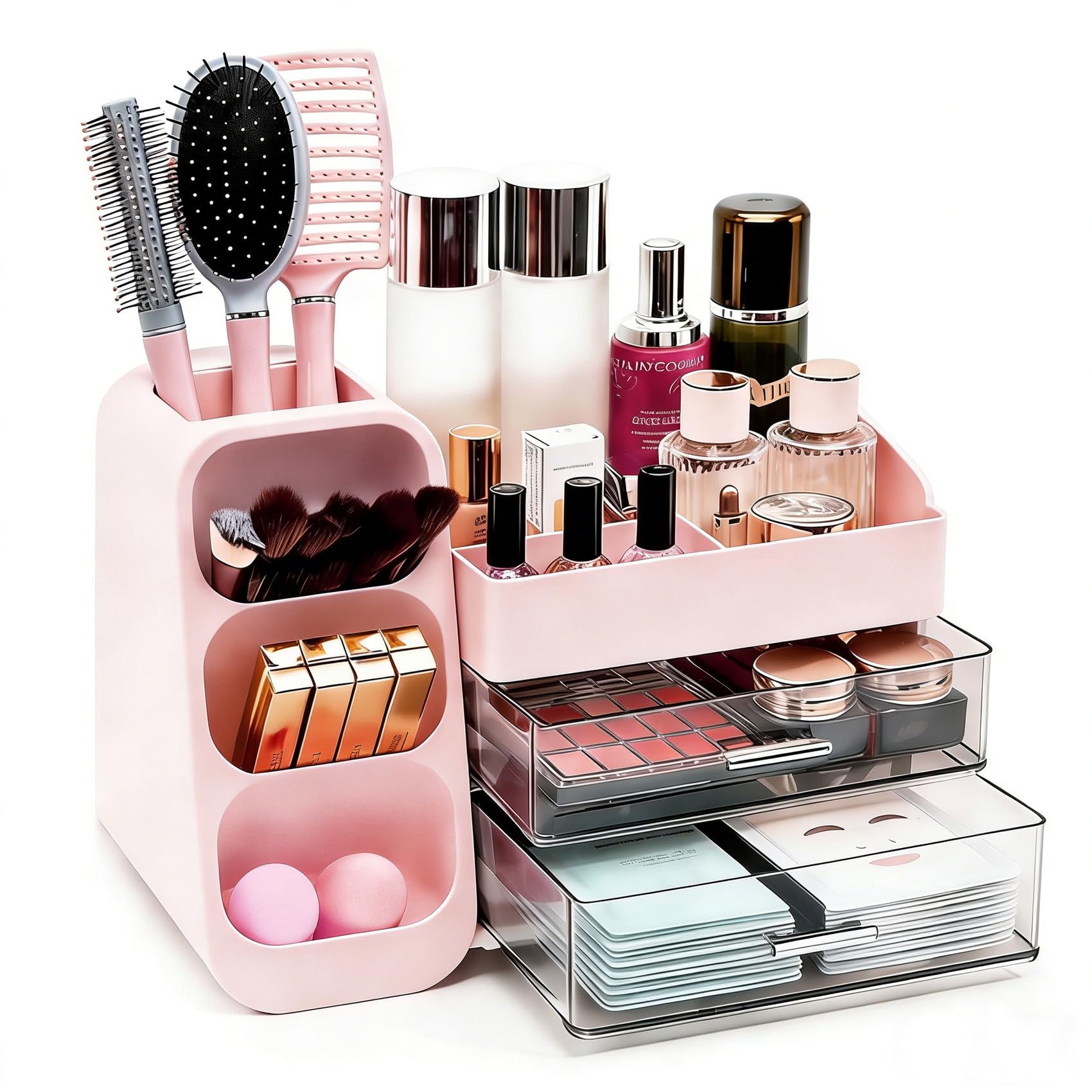 Makeup Organizer Countertop, Spacious Cosmetic Display Case with Makeup Brush Holder, Perfect Vanity Bathroom Organizer and Storage, White