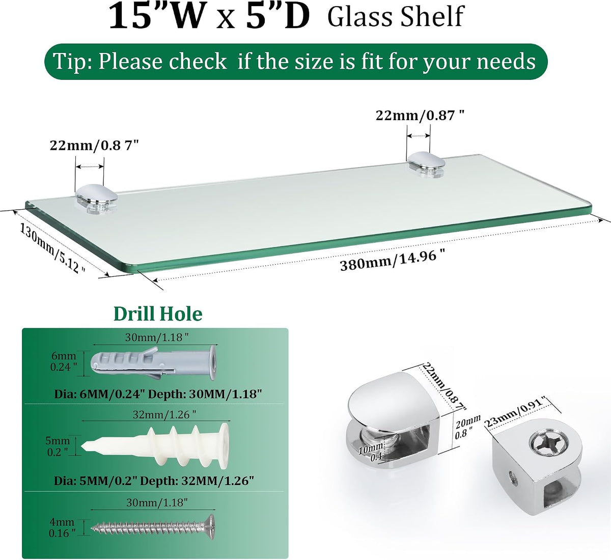 SAYAYO Floating Glass Shelves for Bathroom, Tempered Glass Shelf for Wall 15 x 5 Inch 2 Pack, Clear