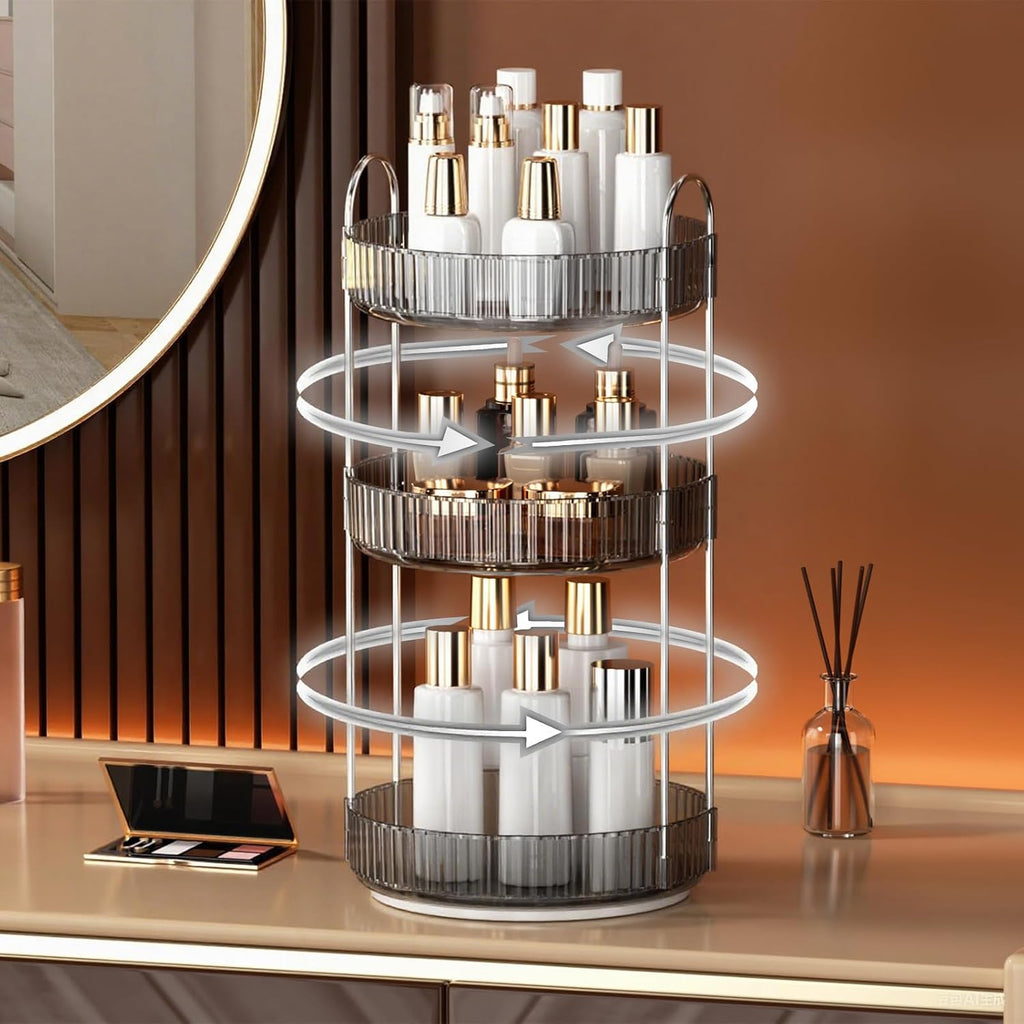 YCIA&DONE 360 Rotating Makeup Organizer and Storage for Vanity Countertop 3 Tiers, High Capacity Cosmetic Skincare Perfume Organizers for Dresser Bathroom Lazy Susan (Smoky Gray)