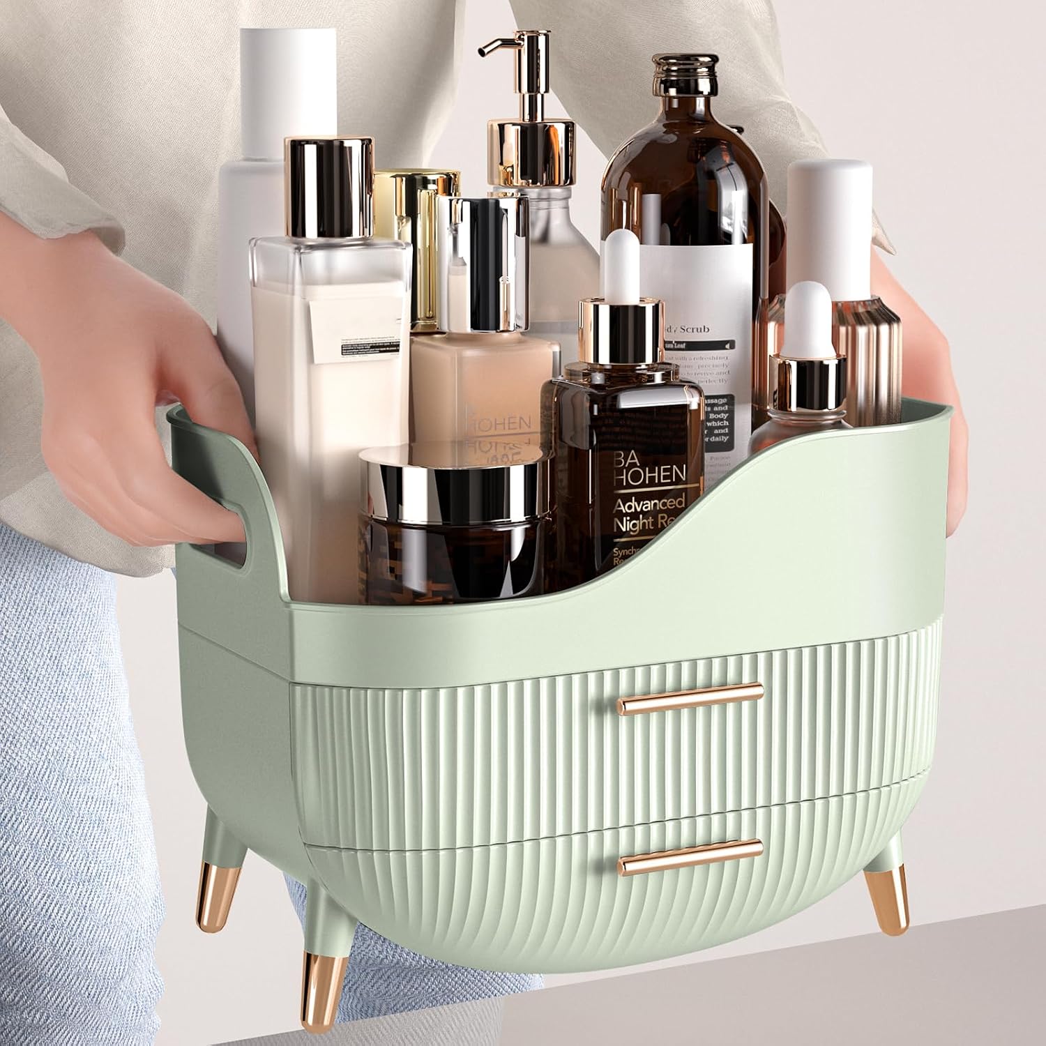 Pajiriona Makeup Organizer with Drawers, Green Skincare Organizer for Vanity, Storage Box with Handle, Large Cosmetic Display Case for Dresser, Bathroom Countertop