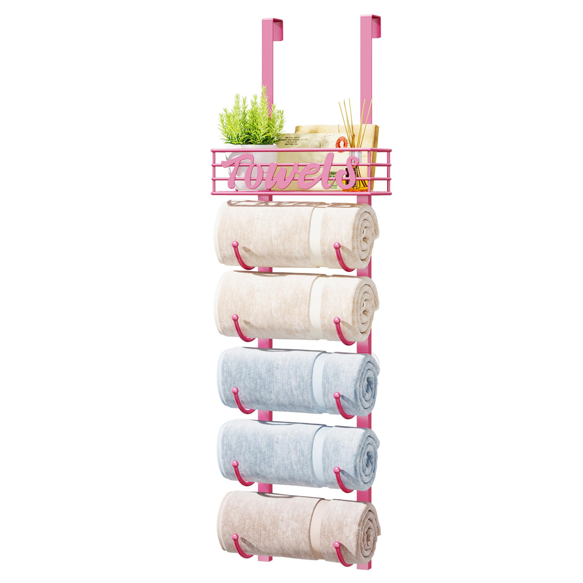 HapiRm Towel Racks for Bathroom Storage - 6 Tier Over The Door & Wall Mount Rolled Towel Storage Organizer Holder with Metal Shelf Basket for Small Bathroom, Camper, Rv - Black, Patented