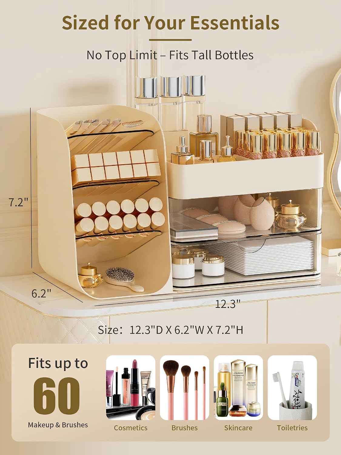 Booklov Small Makeup Organizer for Vanity Countertop, Cream