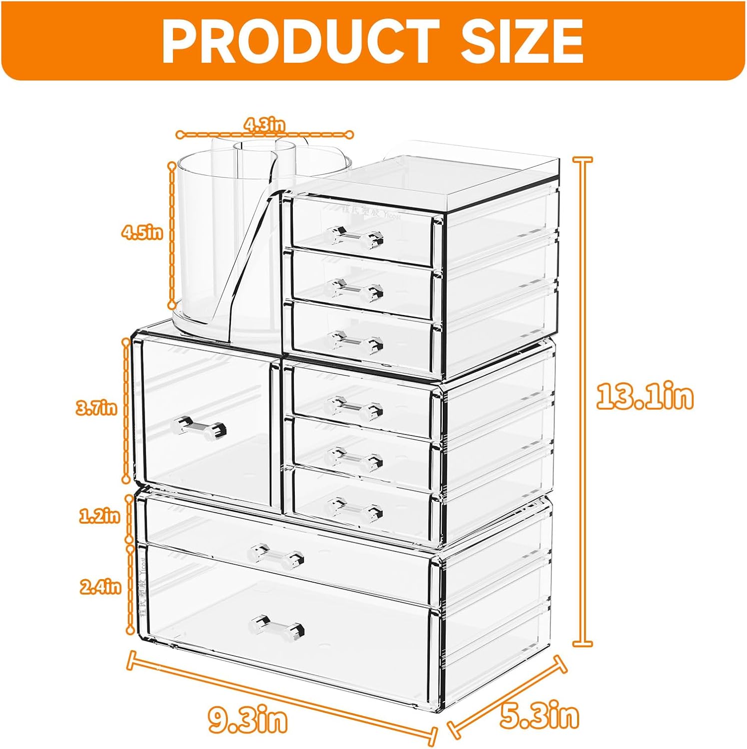 SuoXing 3 Pack Clear Acrylic Makeup Organizer for Vanity With 9 Drawer, Skincare Organizers Countertop With Make up Brush Holder,Bathroom Make up Drawer Storage for Beauty,Hair Accessories Organizer