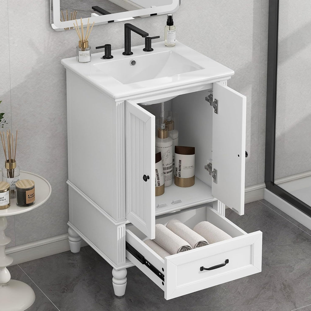 Virubi 20 in Small Bathroom Vanity with Sink, Soft Closing Door,Tilt-Out Drawer and Adjustable Shelf,Solid Wood Frame Modern Single Bathroom Sink Cabinet with Storage, Freestanding, Natural Wood