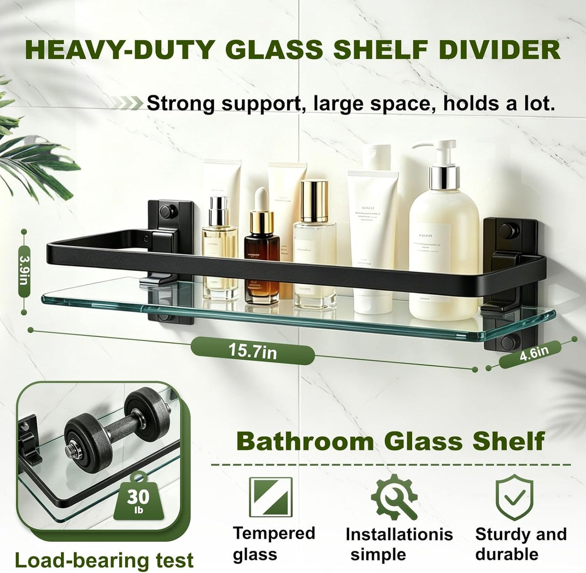 Bathroom Glass Shelf 15.7" Black Wall-Mounted, Floating Metal Storage Rack