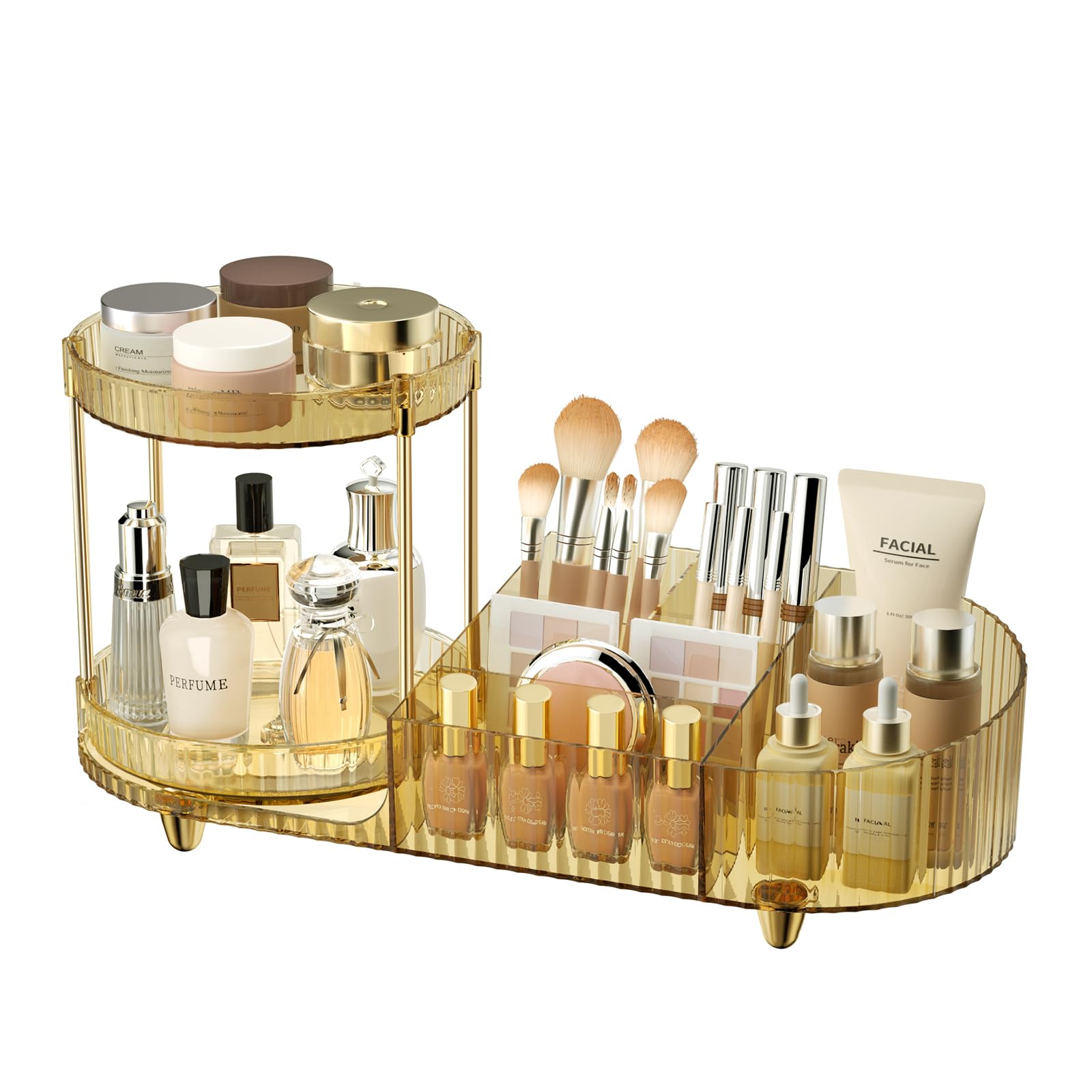 Makeup Organizer Countertop for Vanity, Rotating Perfume Tray with 5-compartment Cosmetic and Skincare Organizers, Multi-Purpose Desk Storage Makeup Brush Holder for Bathroom Bedroom Counter