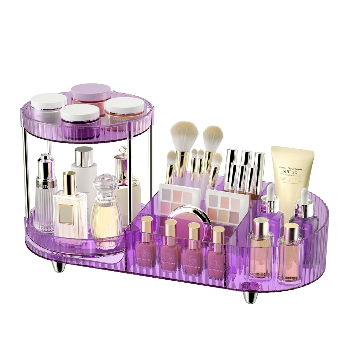 Makeup Organizer Countertop for Vanity, Rotating Perfume Tray with 5-compartment Cosmetic and Skincare Organizers, Multi-Purpose Desk Storage Makeup Brush Holder for Bathroom Bedroom Counter