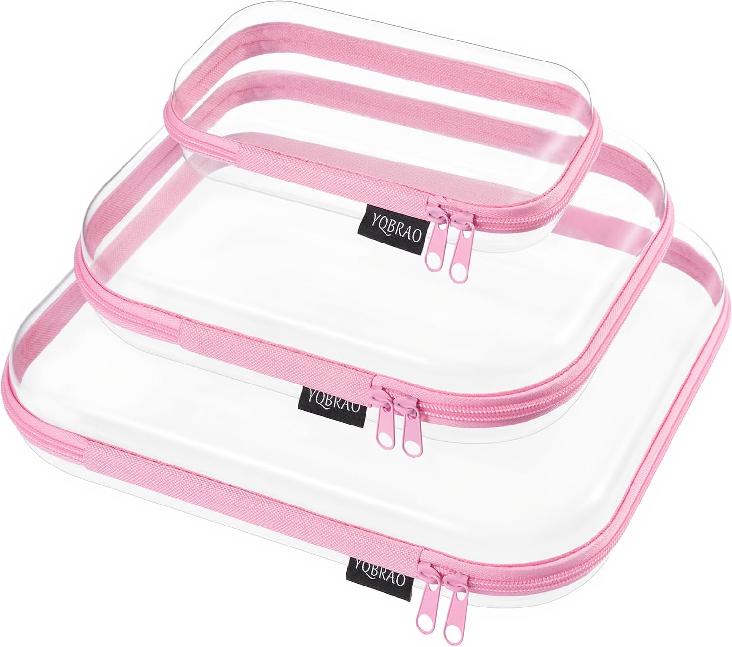 YQBRAO 3-Piece Clear Hard Shell Zipper Case Set, 1L 1M 1S, Pink