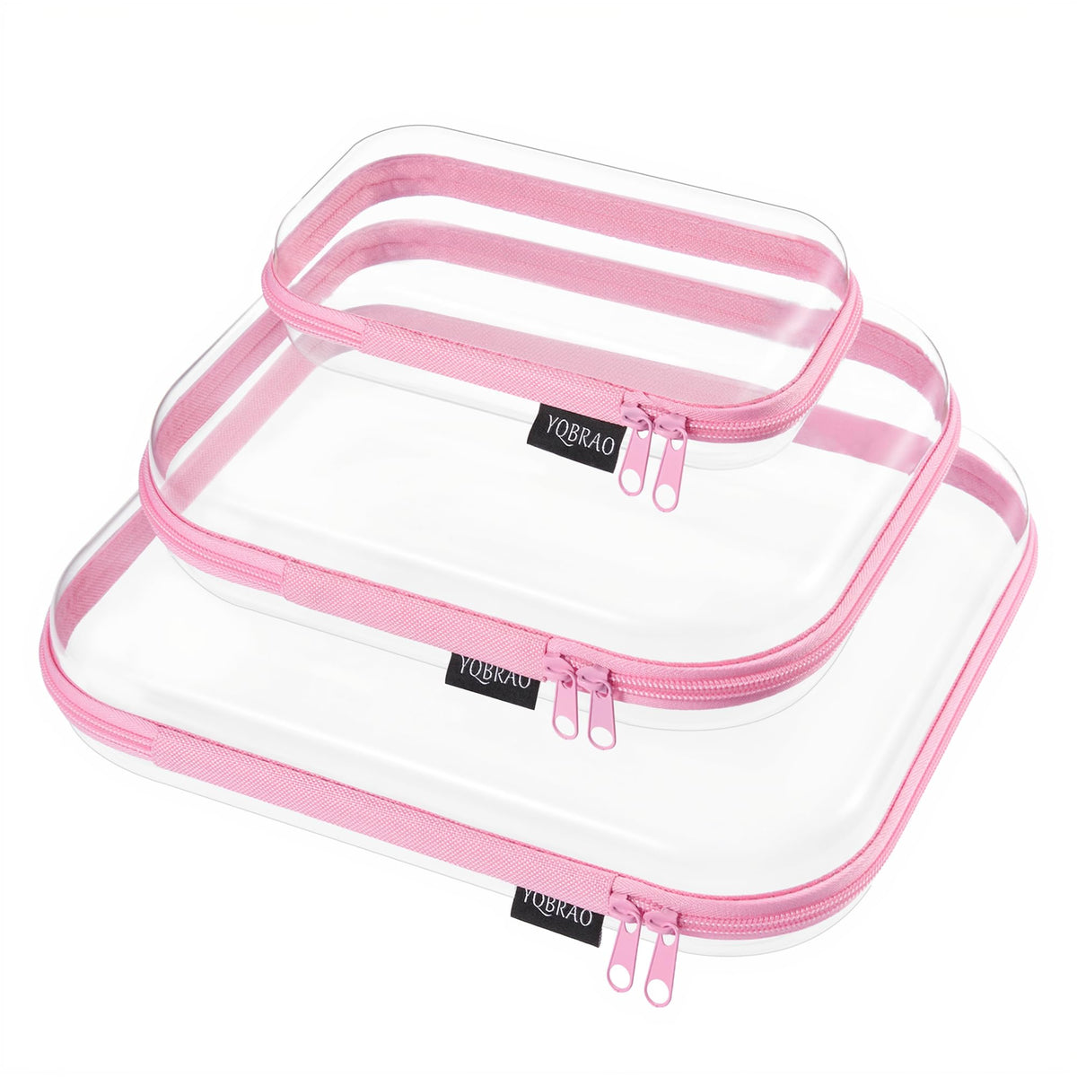 YQBRAO 3-Piece Clear Hard Shell Zipper Case Set, 1L 1M 1S, Pink
