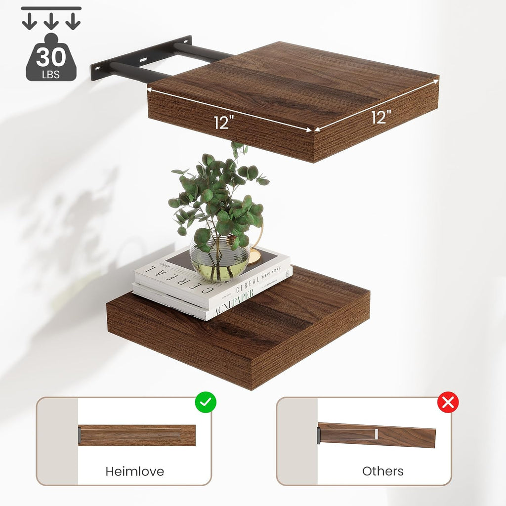 Deep Floating Shelves for Wall, 12 Inch Wide Small Wall Shelves Set of 2, 2 Inch Thick Invisible Wall Mounted Shelves for Bathroom Bedroom Nursery,Walnut Color